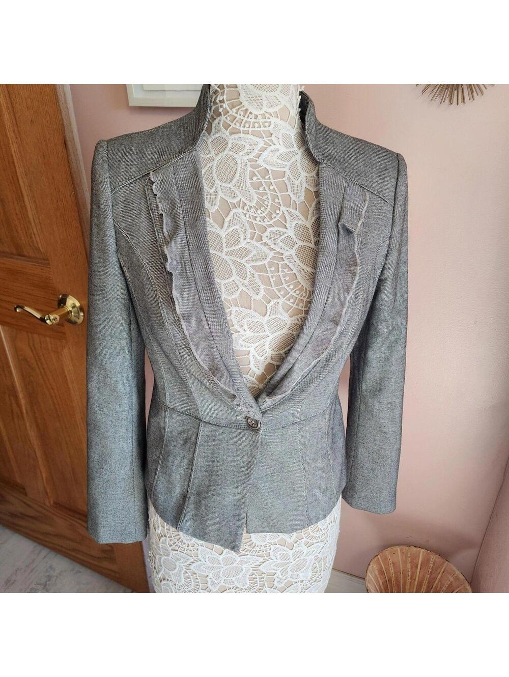 White House Black Market Gray white ruffle unique blazer jacket 4 - Picture 8 of 9